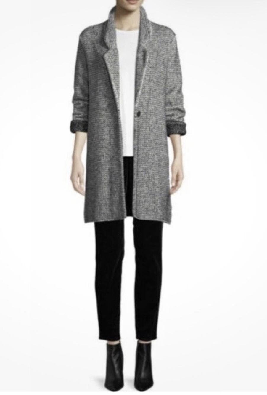 Eileen Fisher Tweed Cardigan Coat medium sweater italian yarn black white